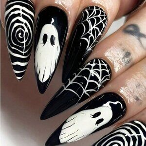 Halloween Stiletto Ghosts Webs Swirls Stripes Black White NWT